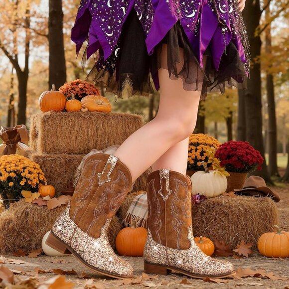 Unisex Child Sequins Brown Mid Calf Glitter Toddler Cowboy Boot Little Big Kids - Picture 6 of 8